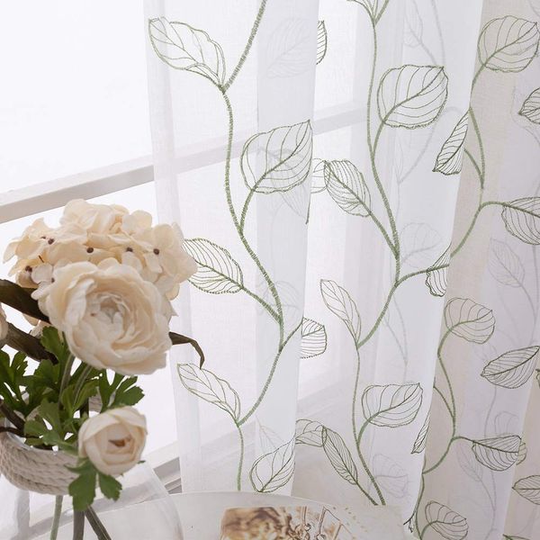 Topick Embroidered Sheer Curtains for Living Room Botanical Tile Sage Window Curtains Leaf Geometric Semi-Sheer Drapes for Bedroom Pole Top 2 Panels 63 inch