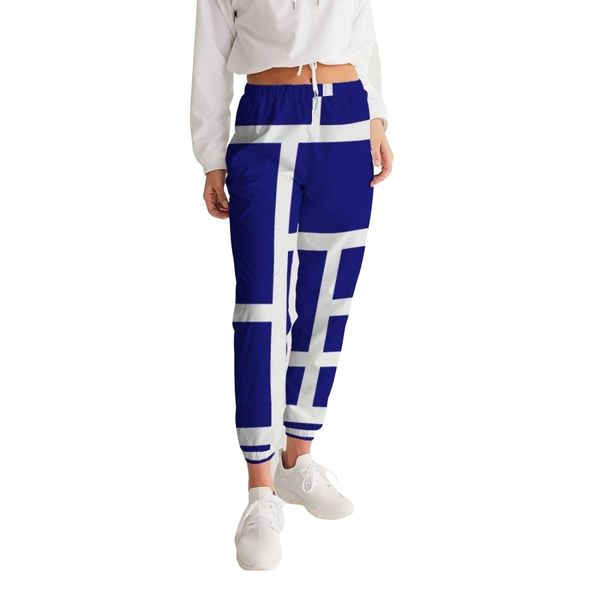 Womens Track Pants - Blue & White Block Grid Sports Pants - M