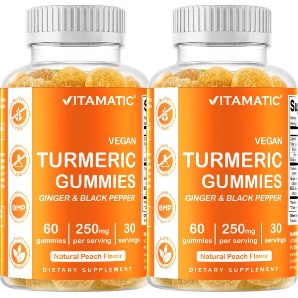 Vitamatic 2 Pack Turmeric Gummies with Ginger & Black Pepper Extract - 95% Curcuminoids - 60 Vegan Gummies