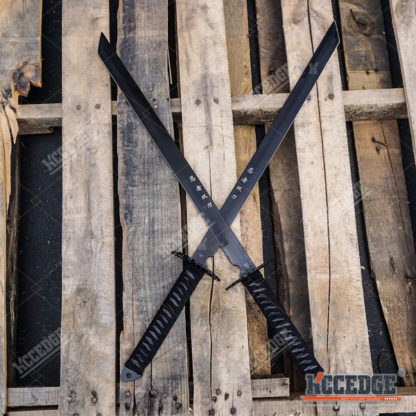 KCCEDGE BEST CUTLERY SOURCE 2PC Combo Full Tang 28in Tanto Ninja Katana Twin Sword Machete w/Nylon Sheath + Black Chinese Engraved on Blade Edition