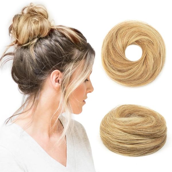 TANJET Human Hair Bun Elastic Rubber Band #Honey Golden Highlights Wavy Stretchy Donut 100% Real Human Hair Hair Piece for Preschool Children Ponytail Extensions（#12/613 Honey Golden Highlights）