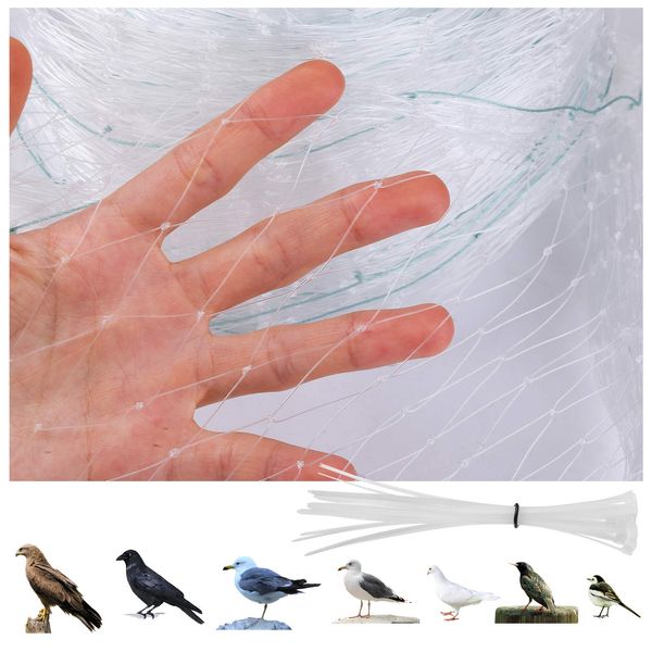 GWHOLE Bird Prevention Net, Veranda, Transparent, 9.9 x 2.8 ft (3 x 8 m), Bird Repellent Net, Nylon Net, Nylon Binding Band, 20 Pieces, Dove Countermeasures, Cat Intrusion and Escape Prevention, 1.0