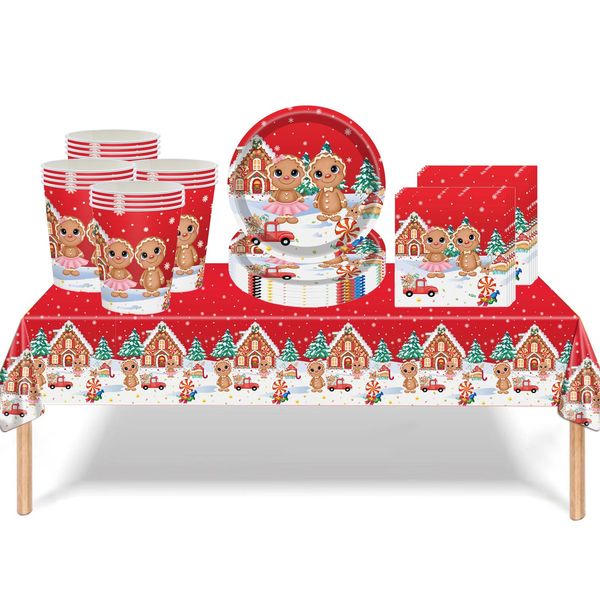 53Pcs Christmas Party Tableware Red Gingerbread Man Decorations,Merry Christmas Tableware Set Party Table Cloth,7inch Paper Plates,Paper Napkins,Cups for Xmas Disposable Dinnerware party Supplier