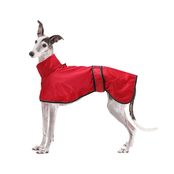 Dog Jacket Adjustable Lightweight Raincoat with Reflective Straps and Harness Hole Best Gift for Greyhounds, Lurchers and Whippets -Red -XXXL