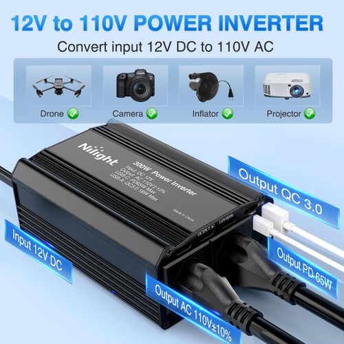 Nilight 300W Power Inverter 12V DC to 110V AC Car Charger Converter with PD 65W USB C & QC3.0 Fast Charge for Phones Tablets Laptop Computer Game Console Kindle iPad DVD Players Black