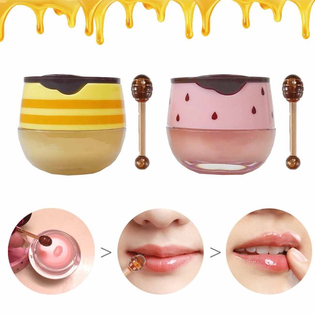 2PCS Bee Lip Balm Honey Pot, Honey & Strawberry Propolis Moisturizing, Hydrating & Prevention Dry and Cracked Lip Scrubs Exfoliator