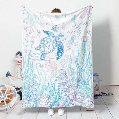 Bestraily Sea Turtle Throw Blanket Nautical Coastal Throw Blanket Gift for Turtle Lover Throw Blankets Beach Coral Reef Flannel Fleece Throw Blankets for Bed Chair Couch 50" X 60"