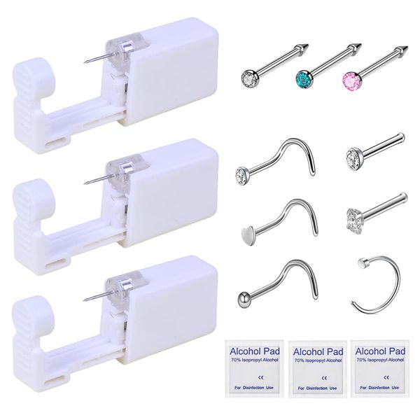 Nose Piercing Kit - 3 Pack Self Nose Piercing Gun, Disposable Safety Nose Percinging Kit with Nose Rings Stud Nose Piercings Gun Kit Tool (white+pink+blue)