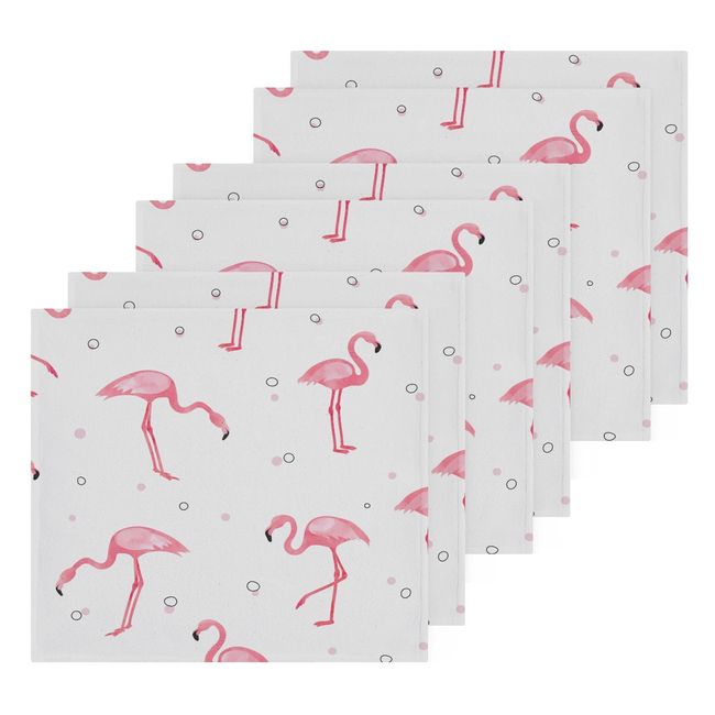 susiyo Flamingo Birds Pattern White Washcloth Set of 6 Pcs 100% Cotton Small Face Towel, 12 x 12 inch