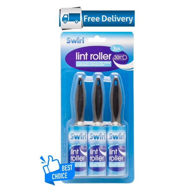 Swirl Lint Roller Removes Pet Cat Dog Hair Fluff Dust 30 Sheets Per Roll 3 Pack