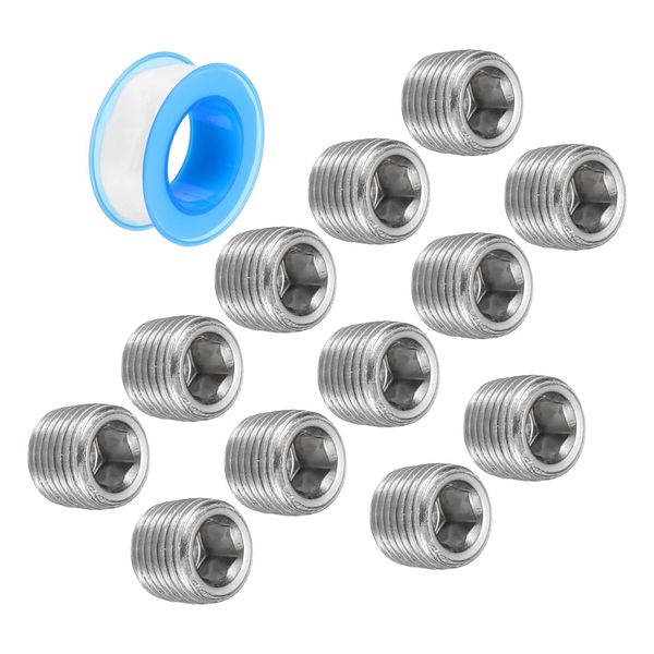 uxcell 1/8" PT Internal Hex Thread Socket Pipe Plug Stainless Steel PTFE Tape Female Thread Pipe Cap Silver 12pcs