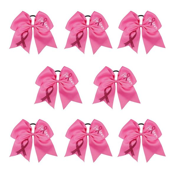 Oaoleer 7 Inch Breast Cancer Awareness Cheerleader Bow Large Hair Bow With Ponytail Holder Hair Band For Breast Cancer Month