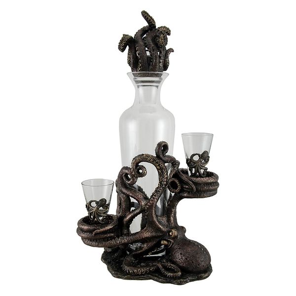 Octopus Spirit Decorative Antique Bronze Finish Statue and Glass Decanter Set