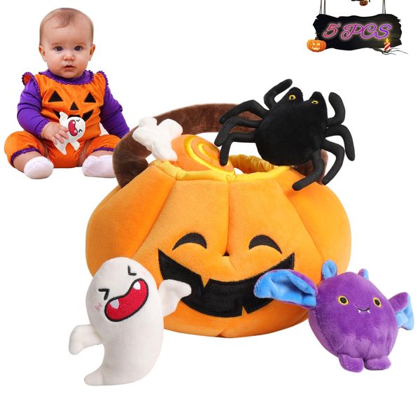 Emoin Baby's Pumpkin Halloween Toys Playset 5Pcs My First Halloween Plush Stuffed Baby Basket with Spider Ghost Candy Bat Plush Halloween Goodie Bags Fillers for Toddlers Trick or Treat Baby Gifts