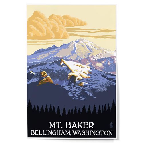 Lantern Press 12x18 Inch Art Print Wall Decor, Bellingham, Washington, Mt. Baker with Yellow Clouds Artwork