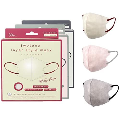 [MASK LABO] Two-tone layer style mask 30 pieces Bi-color mask 3D shape Blood color Non-woven fabric 3 layers National Mask Industry Association JIS standard (Milky Beige, 1)