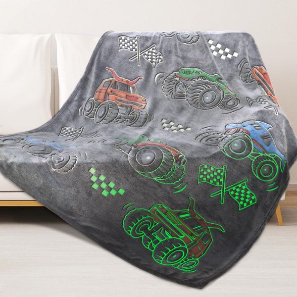 Boys Truck Car Toys Unique Gifts for Kids Glow in The Dark Blanket Valentine's Day Gifts Glowing Cartoon Tractor Throw Blanket Soft Fleece Blanket Excavators Room Bed Sofa Decor Blankets