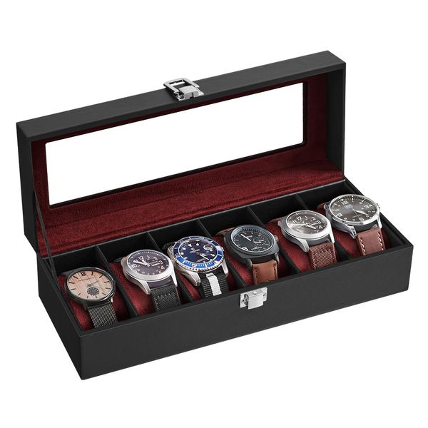 SONGMICS Watch Box, 6-Slot Watch Case with Large Glass Lid, Removable Watch Pillows, Watch Box Organizer, Gift for Loved Ones, Black Synthetic Leather, Wine Red Lining UJWB006R01