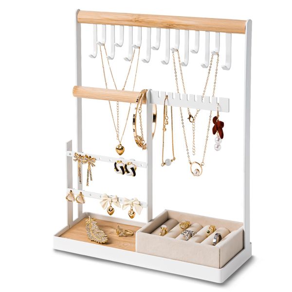 DreamGenius Jewelry Organizer Stand with Velvet Ring Holder, 4 Tier Jewelry Holder Organizer with 15 Hooks Necklace Organizer and Bracket Holder, Jewelry Stand with 16 Holes for Earring Holder, White