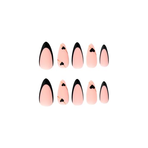 24pcs Short Almond False Nails French Tip, Matte Pink Stick on Nails Black Heart French Press on Nails Removable Glue-on Nails Fake Nails Women Girls Nail Art Accessories