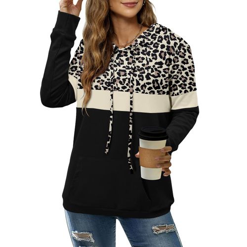 Angerella Leopard Print Sweatshirt for Women Long Sleeve Drawstring Pullover Hoodies Color Block Tops Fall Shirts XL
