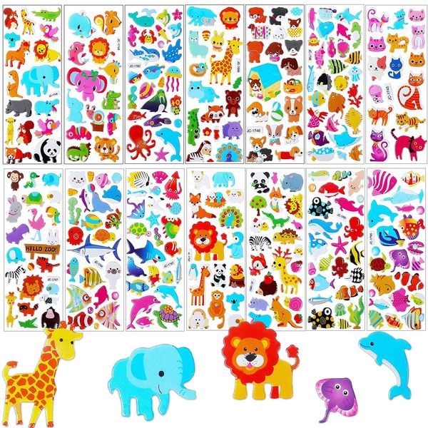 3D Animal Ocean Stickers, Set of 14, Cute Fluffy Stickers, Fluffy, Animal Ocean, Reward Stickers, Cute, Stylish, Kids, DIY, Calendar, Notebook, Walls, Bicycles, Refrigerator Decoration Stickers