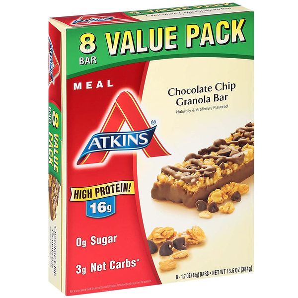 Atkins Chocolate Chip Granola Protein Meal Bar, High Fiber, 17g Protein, 1g Sugar, 3g Net Carbs, Meal Replacement, Keto Friendly, 8 Count