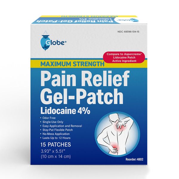 Globe -15 Pack - Maximum Strength OTC Pain Relief 4% Lidocaine Patch, 3.9” x 5.5