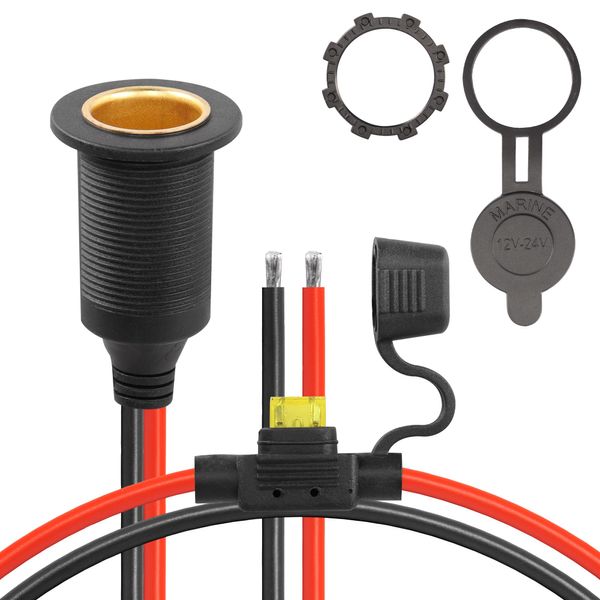 CERRXIAN 12V/24V Fixed Thread Cigarette Lighter Socket Extension Cable,20A 13AWG Waterproof Cigarette Lighter Female Socket Replacement Cable (0.3m)