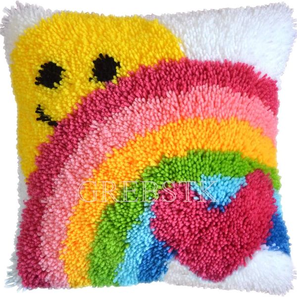 GREBSTK Latch Hook Kit DIY Throw Pillow Cover Sofa Cushion Cover Sun & Rainbow Pattern Paint Cross Stitch 16X16 inch