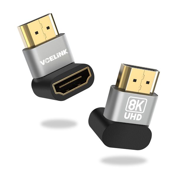 VCELINK Right Angle HDMI Adapter 8K, HDMI Connector 90 and 270 degree, HDMI Male to Female Adapter 2.1 Gold Plated Support 8K@60Hz, 4K@120Hz for TV, Laptop, Monitor, DVR Player, 2 Pack