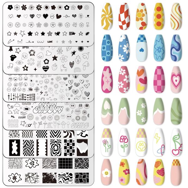 Whaline 6Pcs Preppy Nail Plates Stamping Set Heart Flower Butterfly Star Smiling Stamp Templates Groovy Nail Art Plates for DIY Print Manicure Salon Design Gift