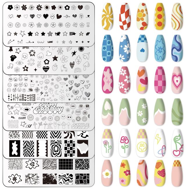 Whaline 6Pcs Preppy Nail Plates Stamping Set Heart Flower Butterfly Star Smiling Stamp Templates Groovy Nail Art Plates for DIY Print Manicure Salon Design Gift