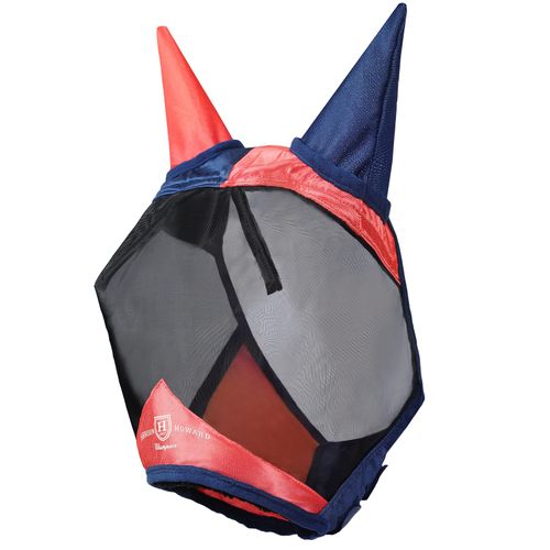 Harrison Howard Pro Luminous Horse Fly Mask Large Eye Space Half Face with Ears UV Protection for Horse Coral Orange/Navy L