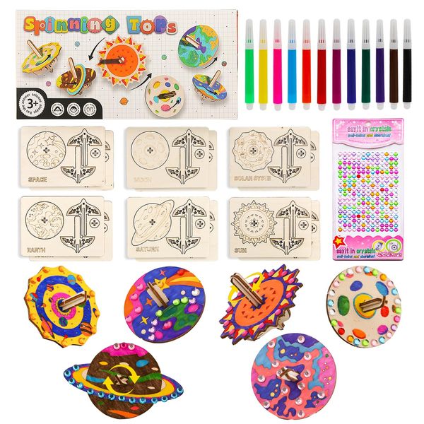 Hdsahdok 12-Pack DIY Kids Craft Kit Building, Painting, and Decorate Your Own Wooden Spinning Top. Easy-to-Assemble Arts & Crafts Kit with Craft Ideas. Gift for Kids Aged 4-12 Years Old.