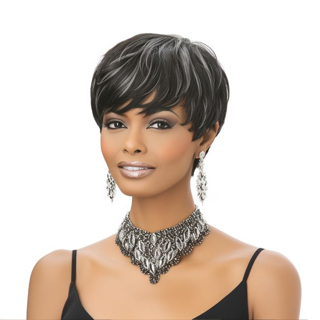 BOBCOO Pixie Cut Wig Short Wigs for Black Women Pixie Black Mixed With Grey Short cut Wigs Pixie Cut Wig for Black Women