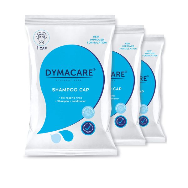 DYMACARE No Rinse Shampoo Cap | Rinse Free Shower Cap that Shampoos & Conditions | pH Balanced, Microwaveable, No Rinse Waterless Hair Wash | 3 Caps