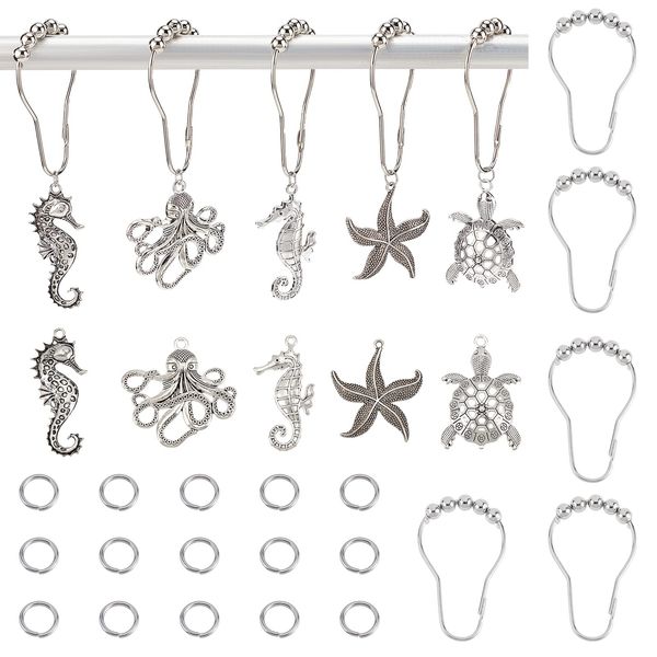 AHANDMAKER 10 Pieces Shower Curtain Hooks, Metal Decorative Pendants Hooks Accessories, Turtle Seahorse Starfish Octopus Curtain Hangers for Bathroom, Bedroom and Window - Ocean Theme