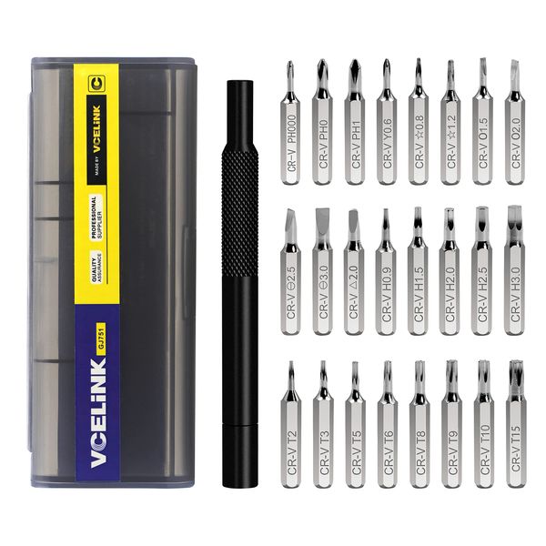 VCELINK Feinmechaniker Schraubendreher Set, 25 in 1 Schraubenzieher Set mit 24 Bits, Präzisionsschraubendreher, Magnetisch für Handy, Smartphone, Spielekonsole, Tablet, PC, Brille, Uhr