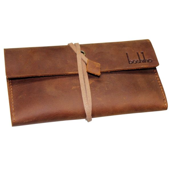 Boshiho Genuine Leather Roll Up Tobacco Pouch with Rolling Tip Paper Holder Slot (Brown (S))