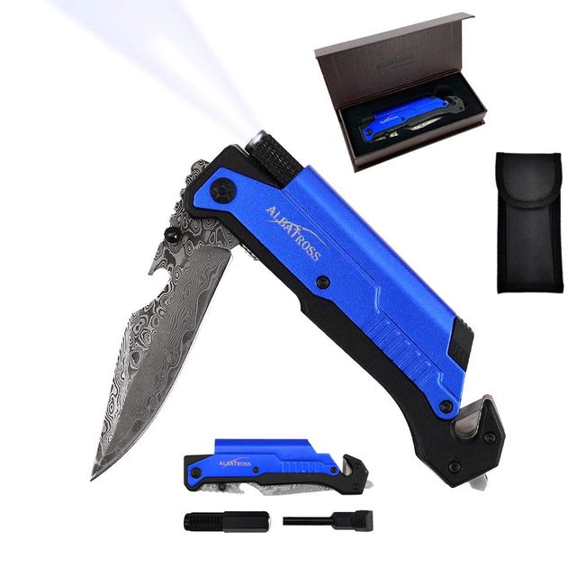 7-in-1 Multifunctional Folding Knife with Damascus Steel Blade,Glass Breaker, Seatbelt Cutter,Flashlight,Fire Starter,Bottle Opener and Carrying bag, Good for Military Emergency Outdoor Rescue (Blue)