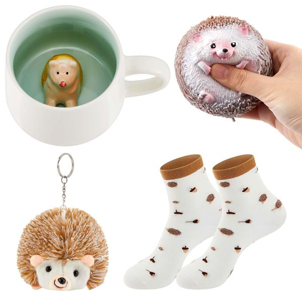 Nuenen 4 Pcs Hedgehog Gifts Including 1 Hedgehog Ceramic Coffee Mug with Handle 1 Hedgehog Fidget Stress Relief Pinch Toy 1 Hedgehog Keychain Pendant 1 Hedgehog Sock for Christmas Birthday Woman Gift