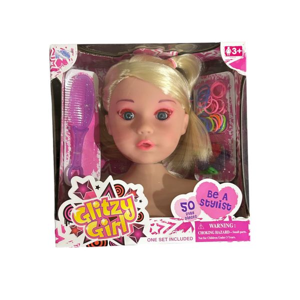 Glitzy Girl Caucasian Styling Mini Doll Set – 50-Piece Hair Accessories and Play Kit for Kids Ages 3 and Up, Pretend Makeup, Hair Braiding Tools, Blonde Doll, Creative Hair Styling Kit