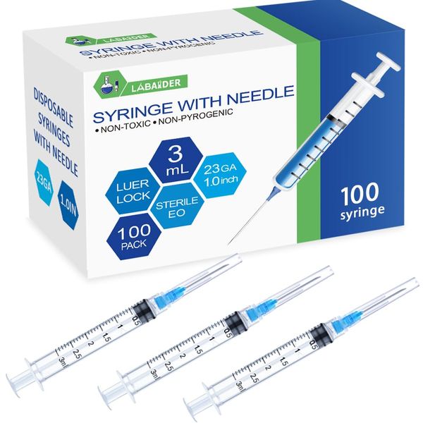 100 Pack 3ml Syringes with Needle - 23G, 1.0 inch Needle Luer Lock Syringe Individually Packaged (3ml, 100)