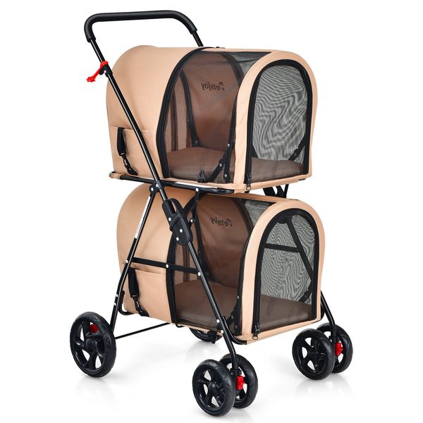 Double 4-in-1 Pet Stroller w/ Detachable Carrier Travel Carriage for Cats Beige