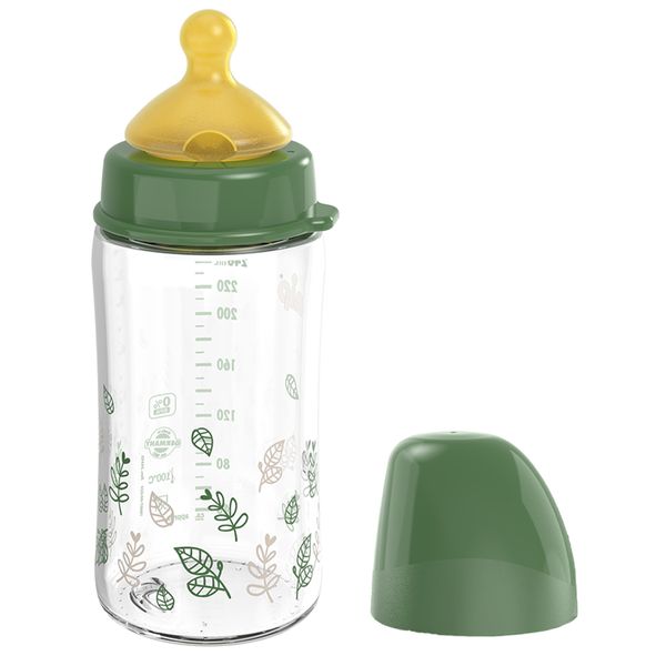 nip Wide Mouth Baby Bottle with Valve for Optimal Air Inflow and Two Natural Rubber Teats Breastfeeding Friendly Baby Bottle Made of Shatterproof Glass Size S & M, 240 ml, Green