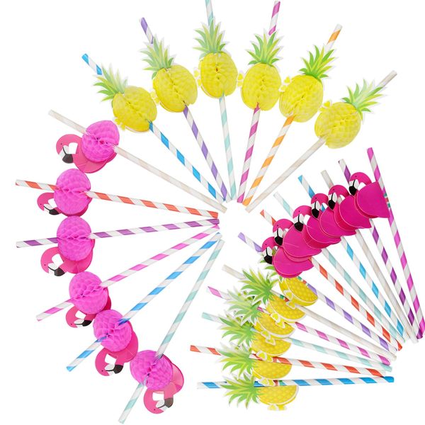 KEYIDO® Cocktail Straws, 50 Pcs Flamingo Pineapple Paper Straws, Fun Hawaiian Tropical Beach Luau Jungle Cocktail Party Decorations Supplies