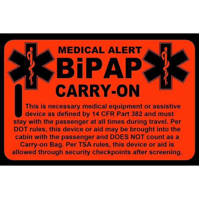 Hi-Viz Orange Carry-On BiPAP  Bag Tag - TSA - Sleep Apnea