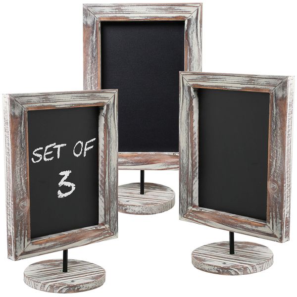 MyGift Set of 3 Tabletop Chalkboard Sign with Torched Wood Frame and Round Base, Decorative Wedding Table Place Card Signage, Rustic Small Kitchen Countertop Memo Board