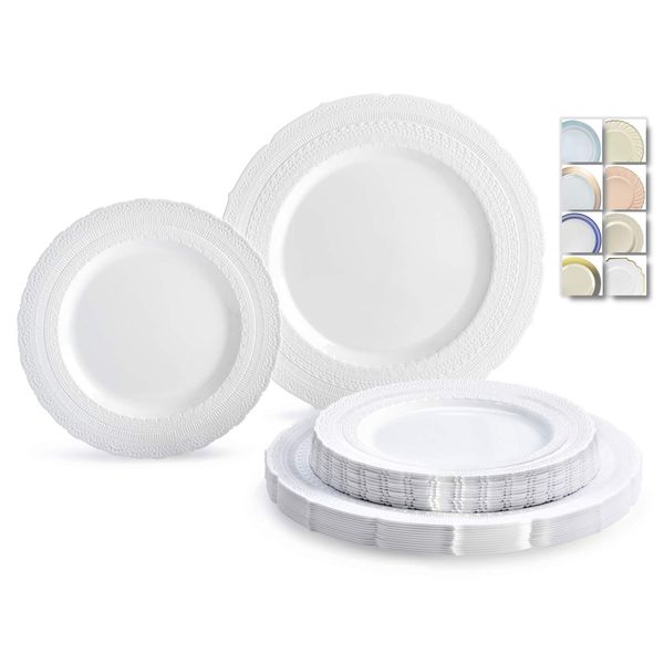 " OCCASIONS " 120 Plates Pack,(60 Guests) Extra Heavyweight Vintage Wedding Disposable / Reusable Plastic Plates 60 x 11'' Dinner + 60 x 8.25'' Salad/ Dessert Plate (Chateau White)